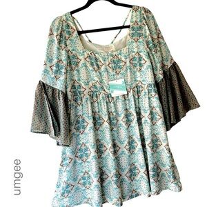 NWT UMGEE MINI TUNIC DRESS BOHO BELL SLEEVE EMPIRE WAIST |  SIZE: SMALL
